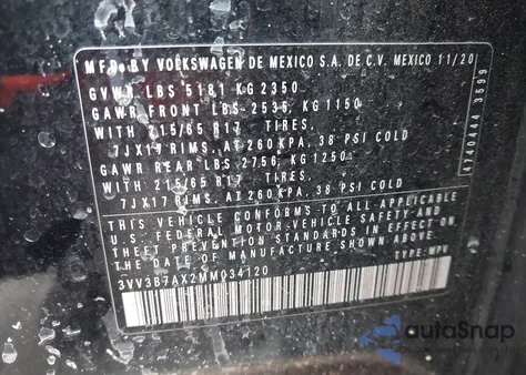 2021 Volkswagen Tiguan 2.0T Se/2.0T Se R-Line Black/2.0T Sel from USA, damaged, VIN 3VV3B7AX2MM034120